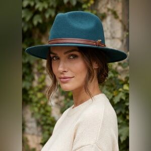 Elegant Teal Fedora Hat with Brown Band